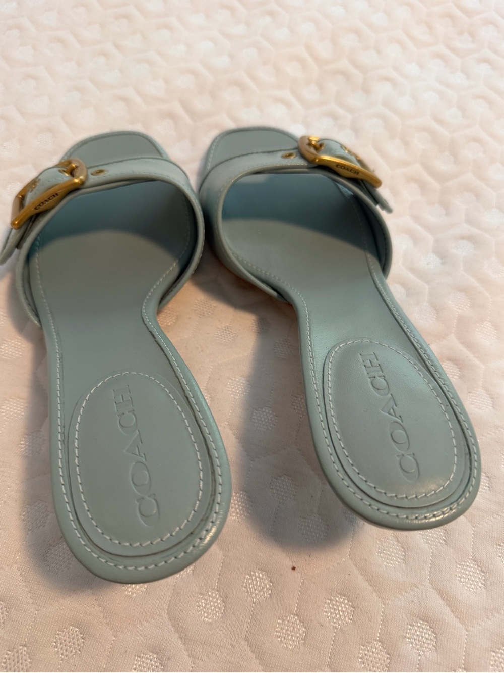 Coach Light Blue Leather Buckle Mule Heels - Picture 4 of 8